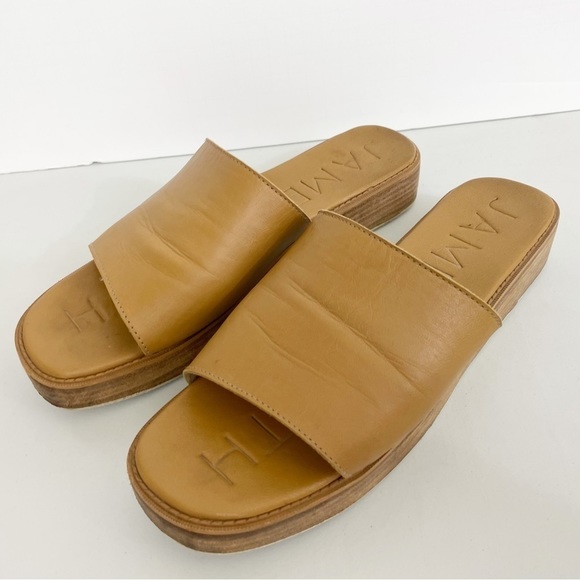 James Smith Womens 41 or 10 Steve Sandals Slides Leather Wood Platform - Picture 1 of 8